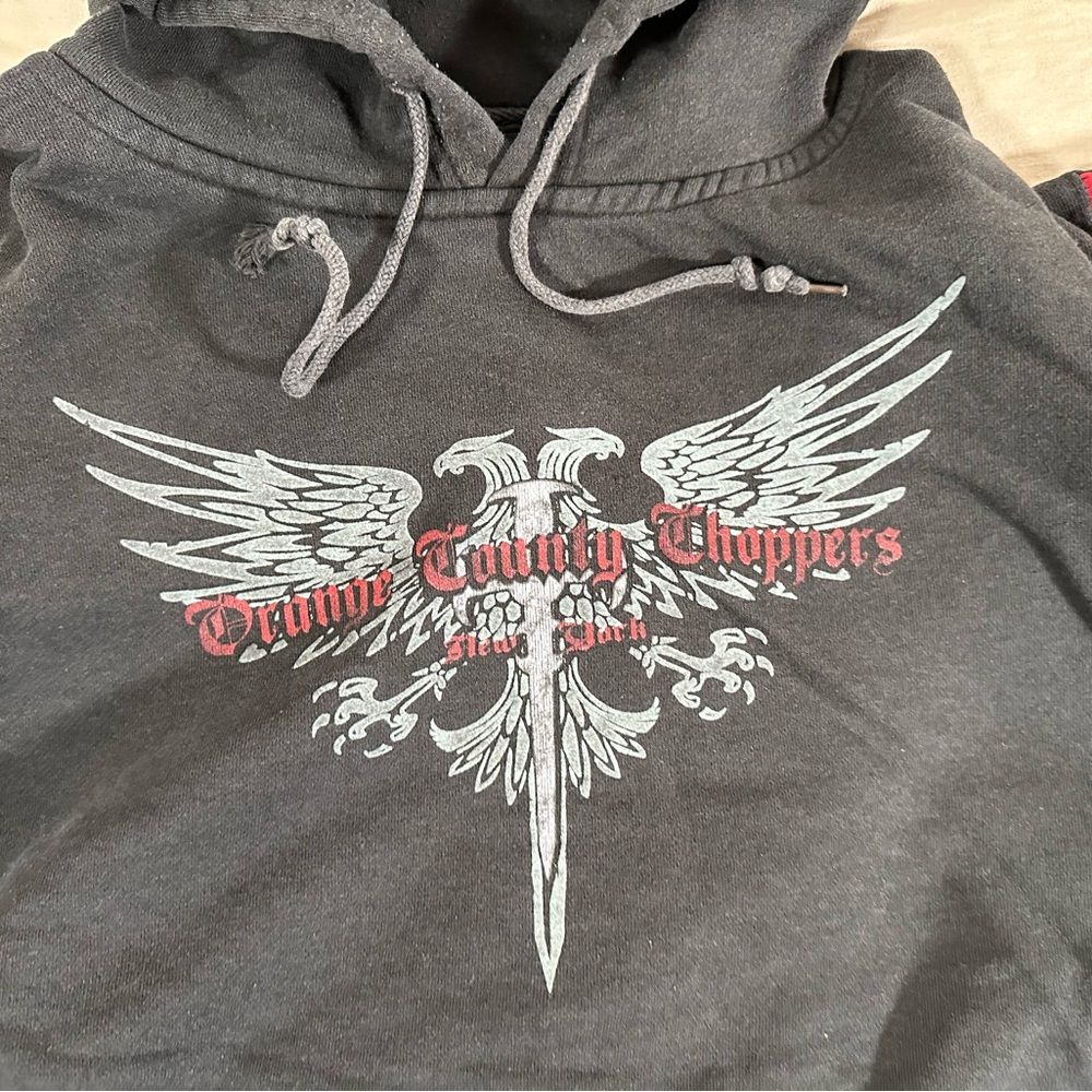 00’s Orange County Choppers Vintage Distressed Hoodie Medium Red Arm Stripes - Picture 14 of 15
